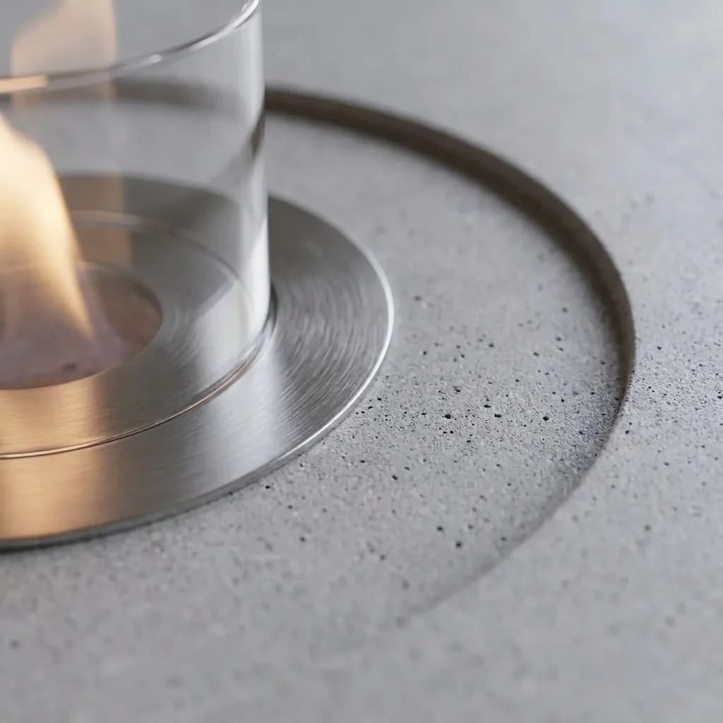AKİK Beton Ateş Çukuru Bahçe Şöminesi - beton doku ve paslanmaz çelik brülör detayı