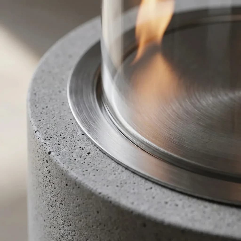 ALEV Beton Ateş Çukuru Bahçe Şöminesi - beton doku ve paslanmaz çelik brülör detayı