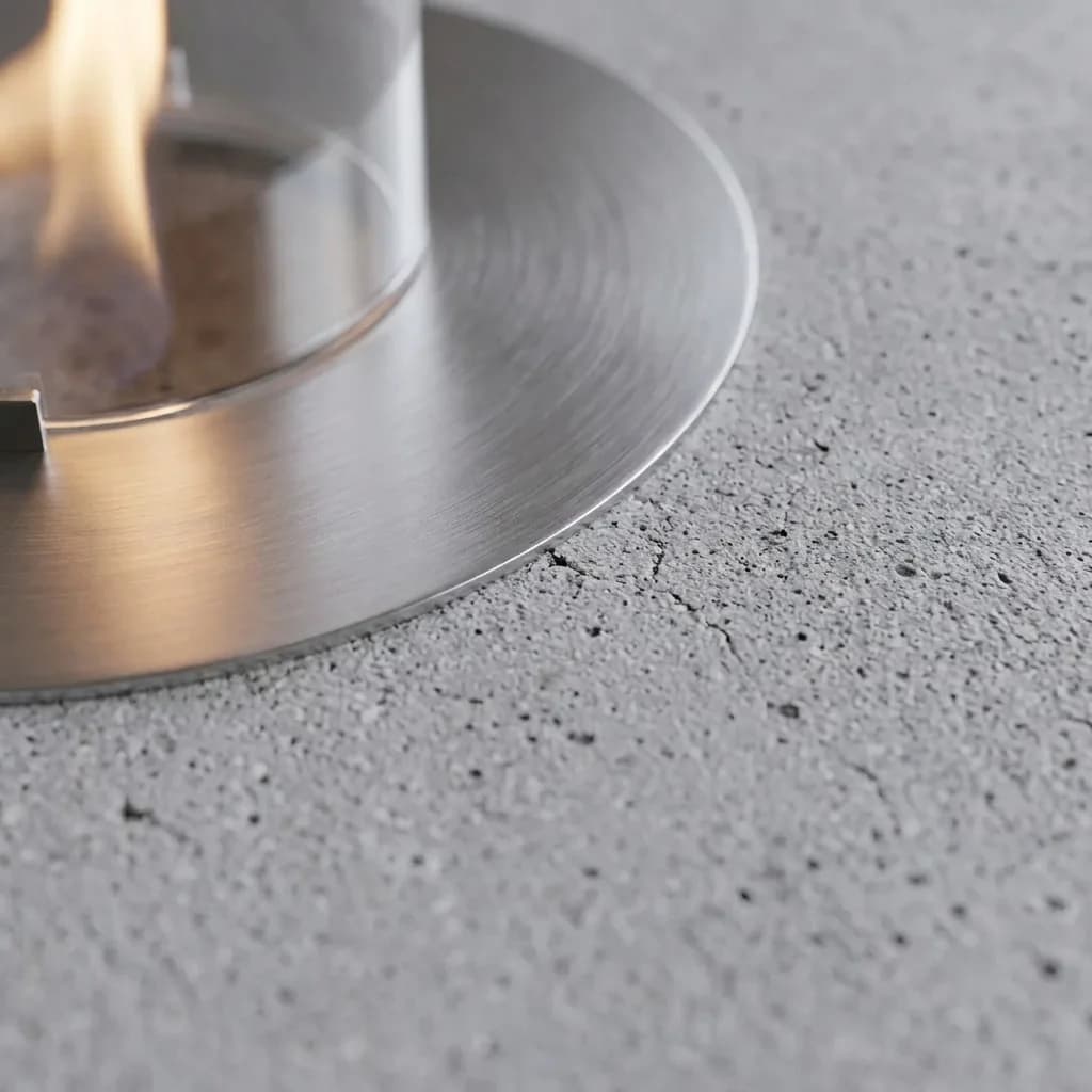 SAHAN Beton Ateş Çukuru Bahçe Şöminesi - beton doku ve paslanmaz çelik brülör detayı