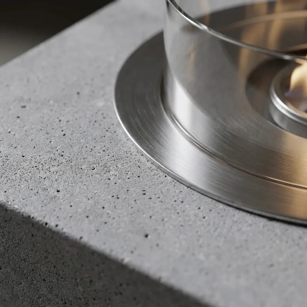 ÖTÜKEN Beton Ateş Çukuru Bahçe Şöminesi - beton doku ve paslanmaz çelik brülör detayı