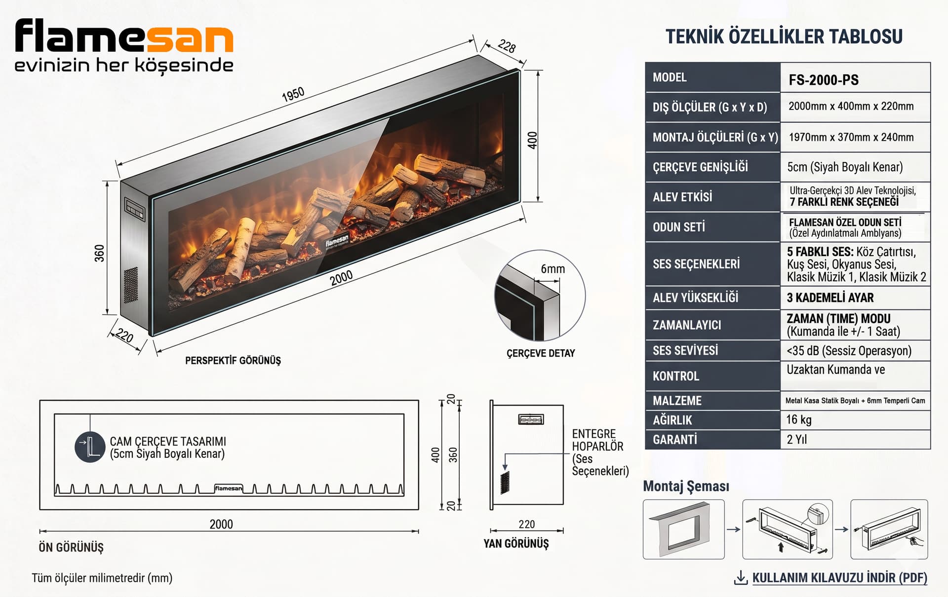 Elektrikli Şömine RGB renkli 200 cm ( Isıtmalı ) - Detay - SS Concept
