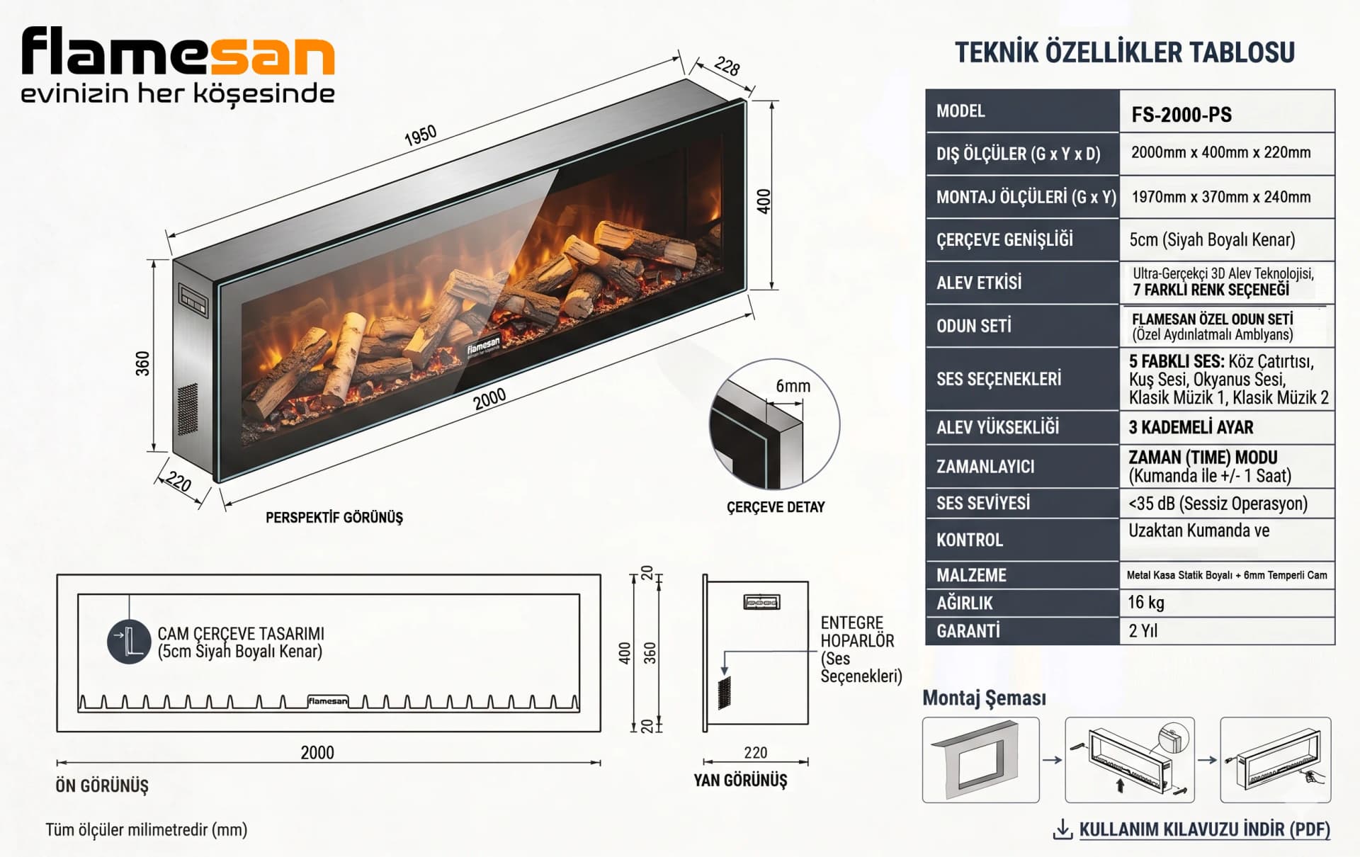 Elektrikli Şömine RGB renkli 200 cm ( Isıtmasız ) - Detay - SS Concept
