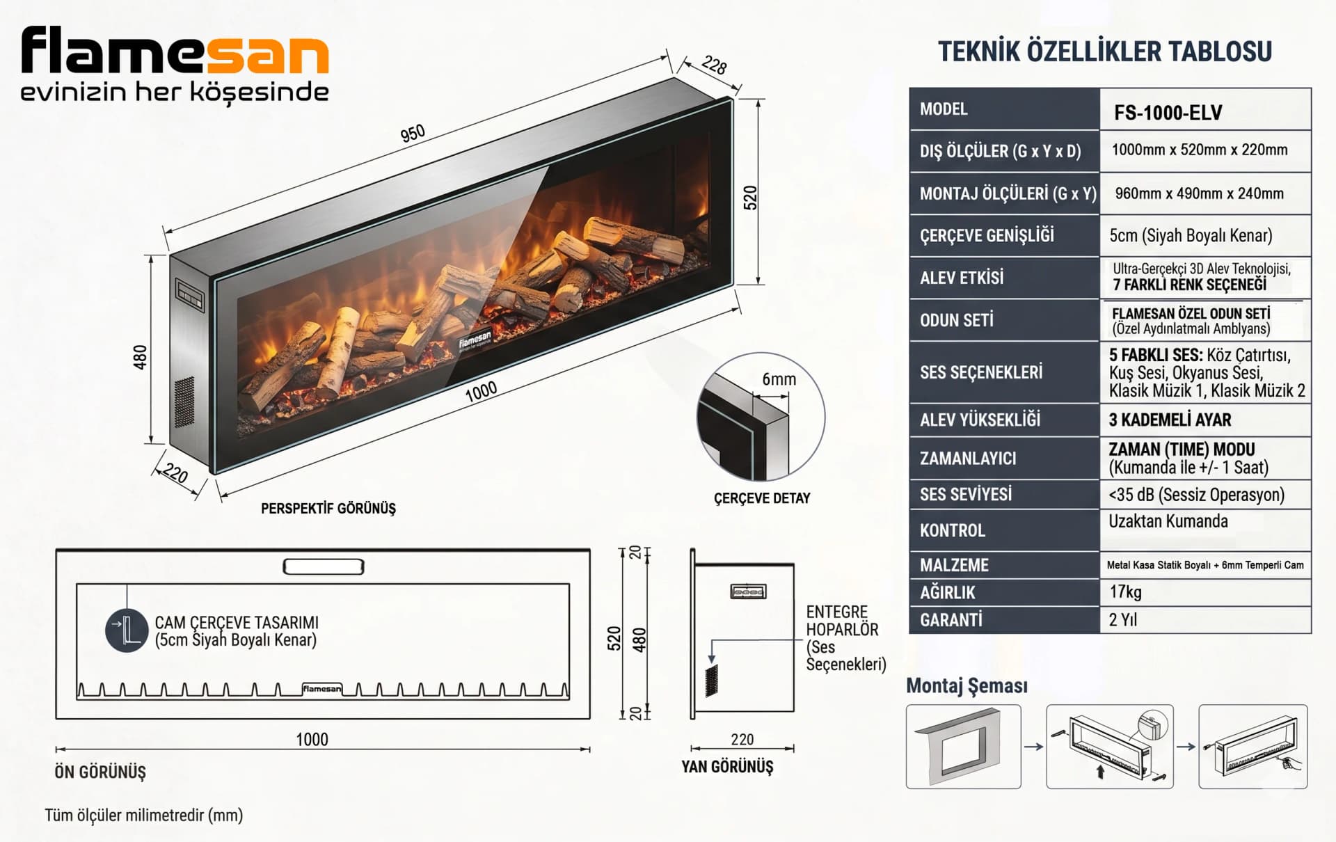 Elektrikli Şömine RGB renkli 100 cm ( Isıtmalı ) - Detay - SS Concept