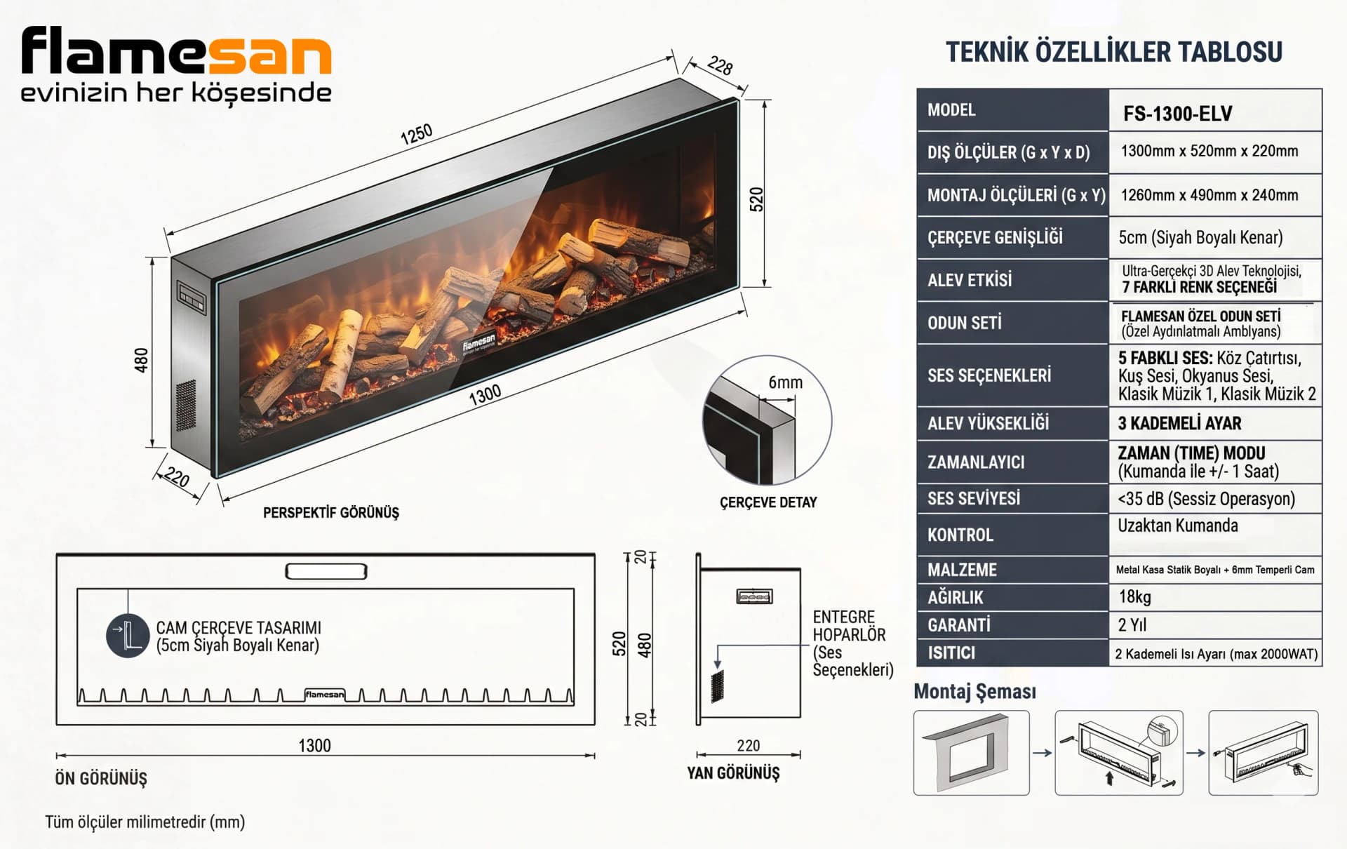Elektrikli Şömine RGB renkli 130 cm ( Isıtmalı ) - Detay - SS Concept