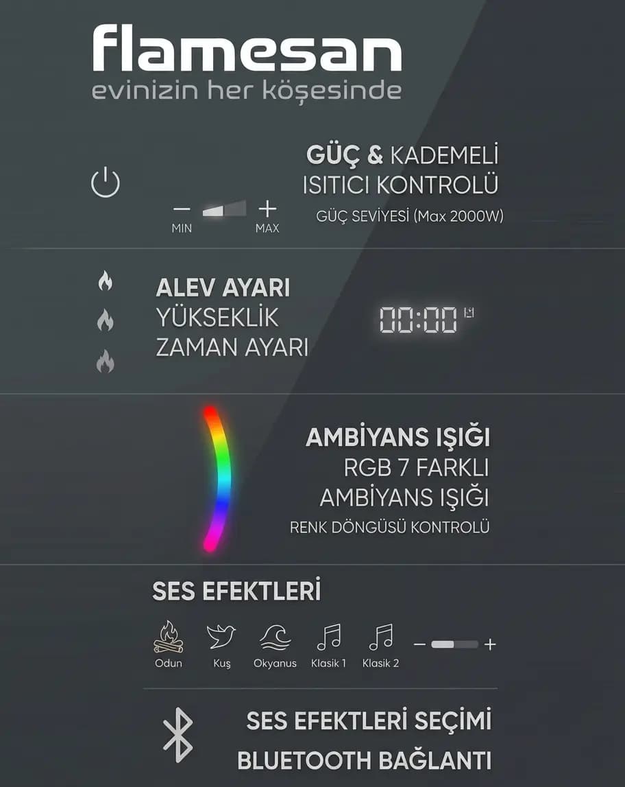 Elektrikli Şömine RGB renkli 200 cm ( Isıtmalı ) Bioethanol Bacasız Şömine Modelleri ve Fiyatları - SS Concept