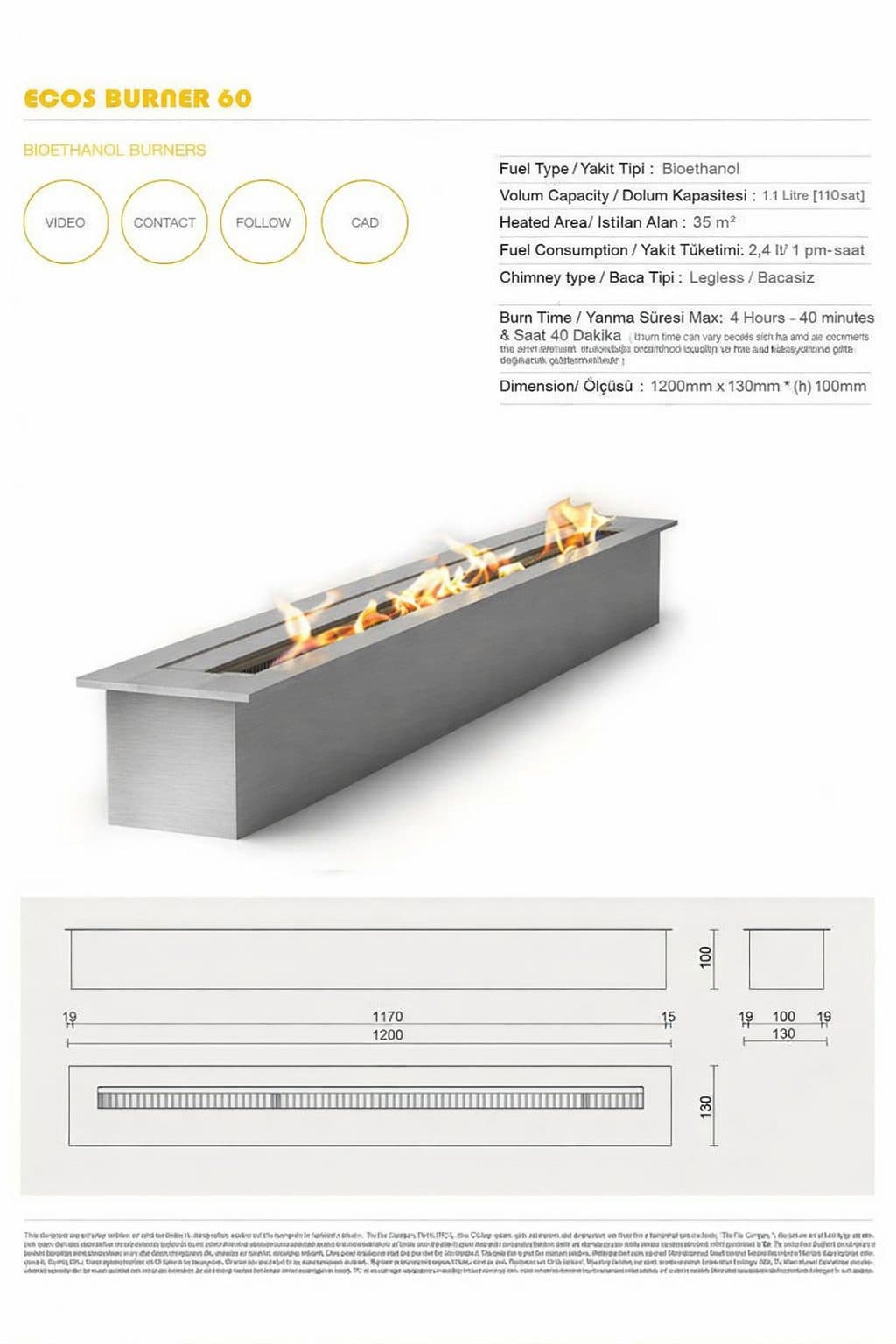 ECOS BİG Bioethanol Burner Şömine 200 Cm